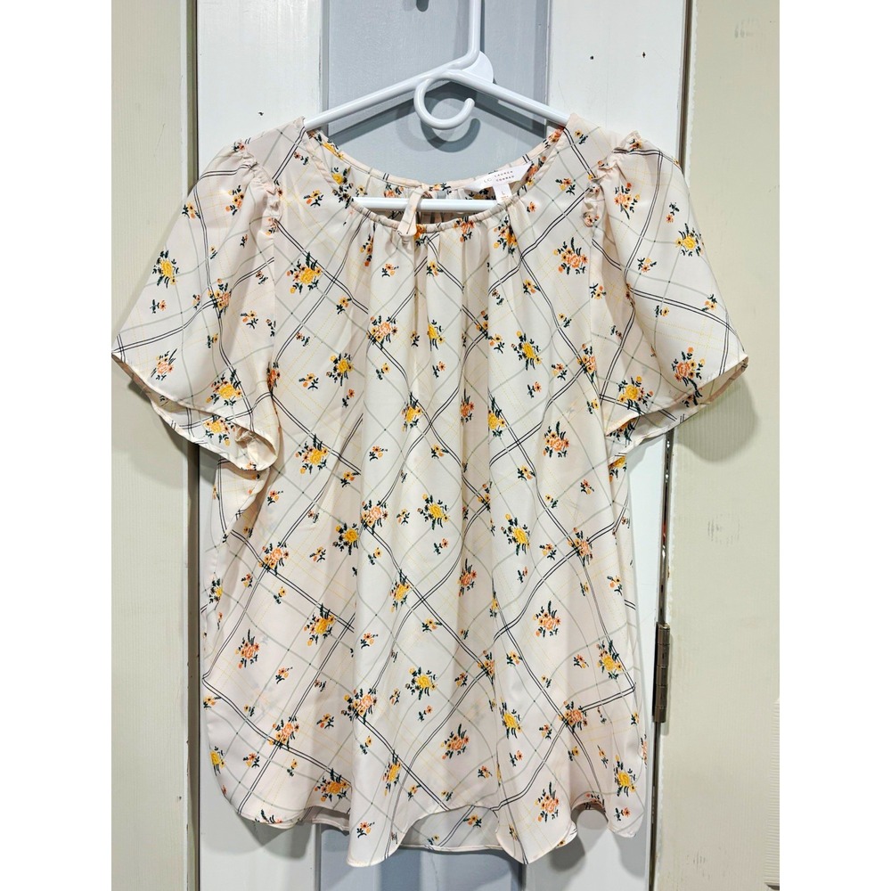Women's LC Lauren Conrad Blouse Large Ivory Floral Chiffon Tie Neck Puff Sleeve